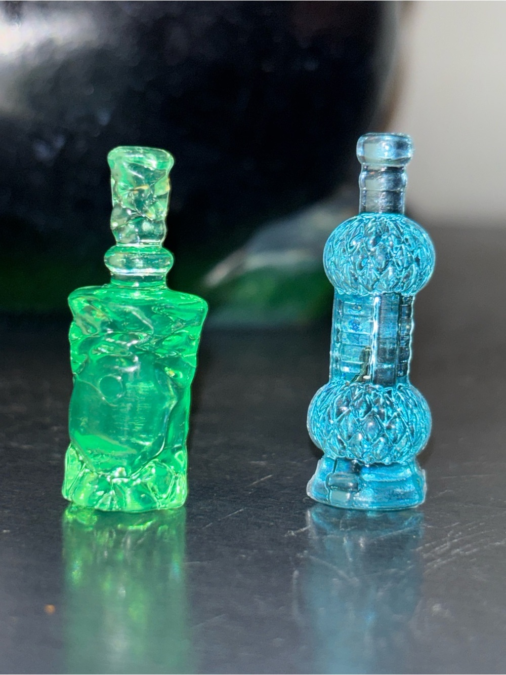 Vintage mini Handblown Glass Decorative Bottles - Green and Blue